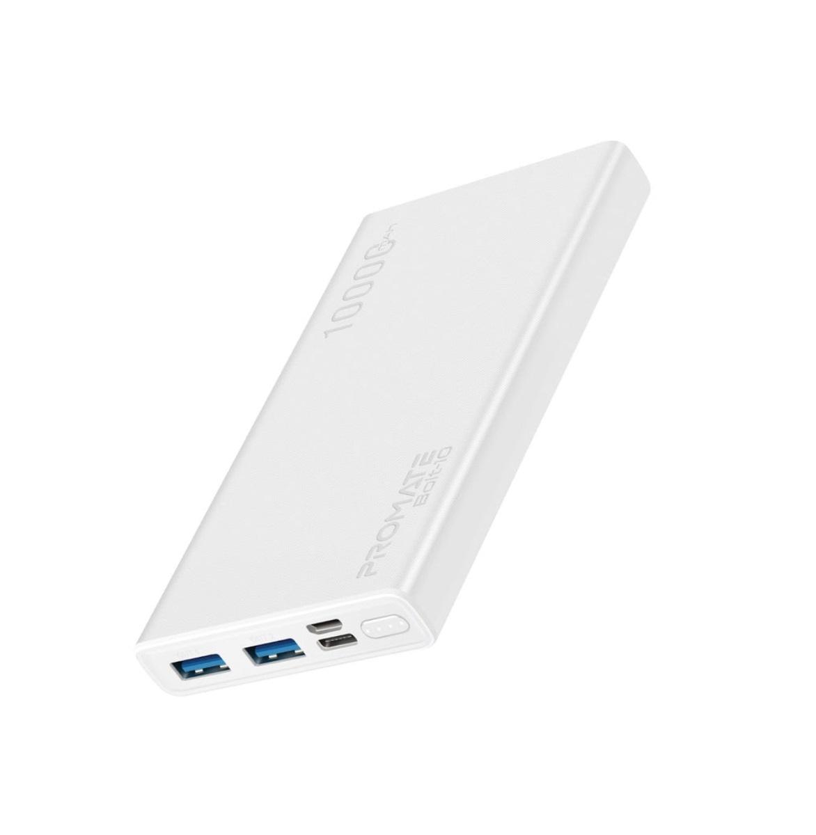 Promate Bolt-10, Compact Smart Charging Power Bank with Dual USB Output, White