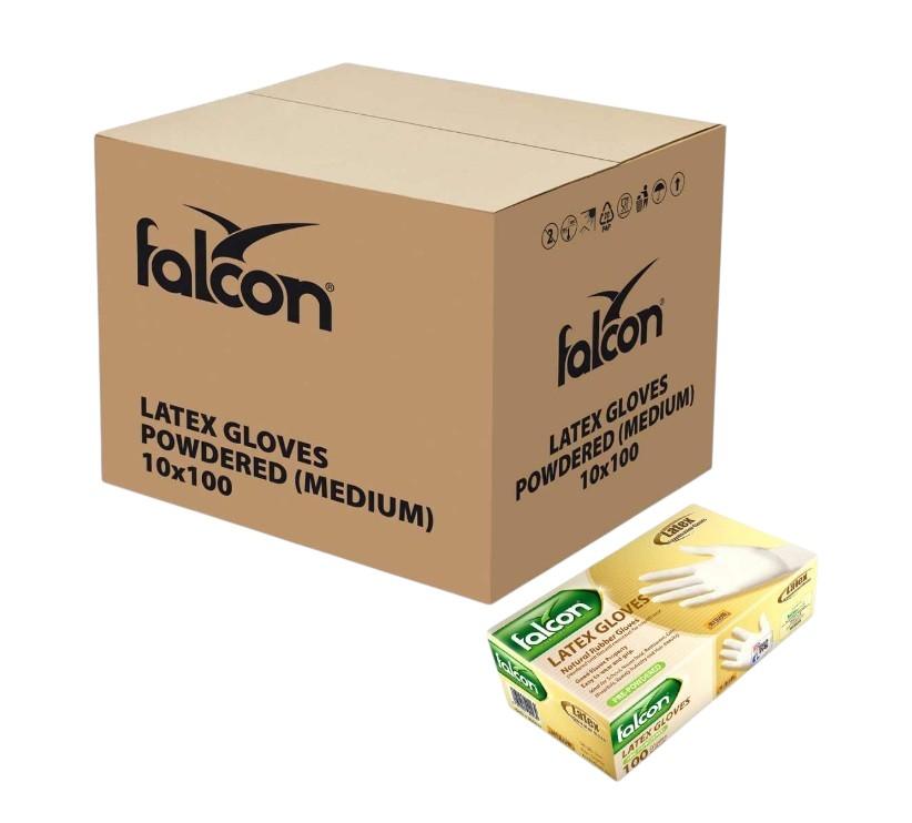 Falcon Latex Gloves Pre-Powdered, Medium - 100 pcs