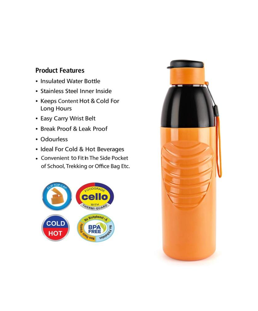 Cello Puro Steel X Zen Water Bottle, Orange - 600 ml