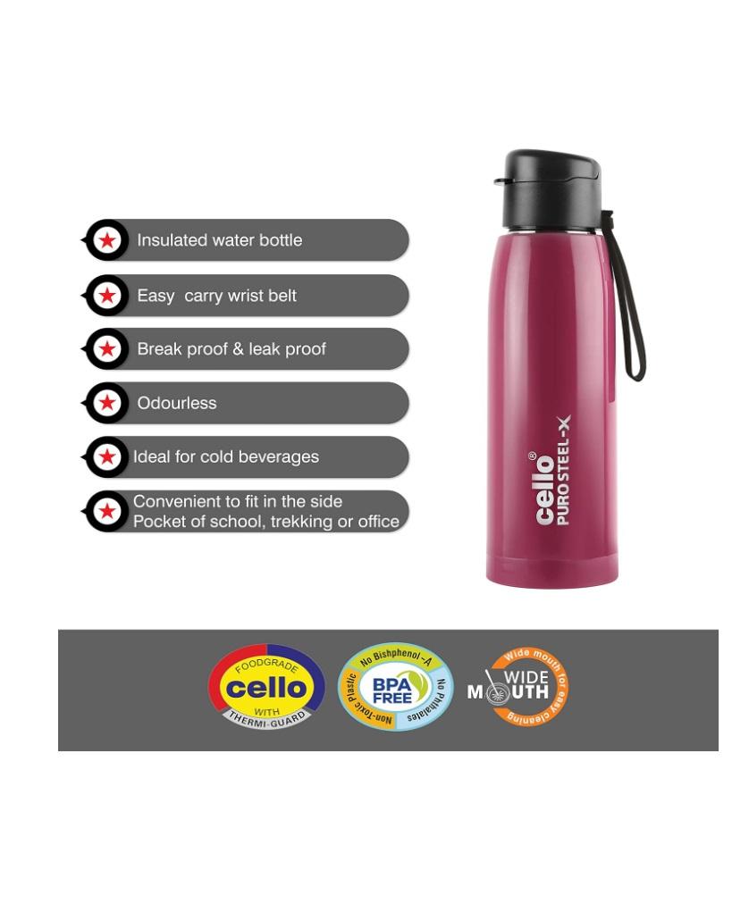 Cello Puro Steel X Cooper Water Bottle, Pink - 600 ml
