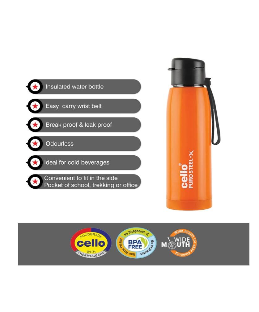 Cello Puro Steel X Cooper Water Bottle, Orange - 600 ml