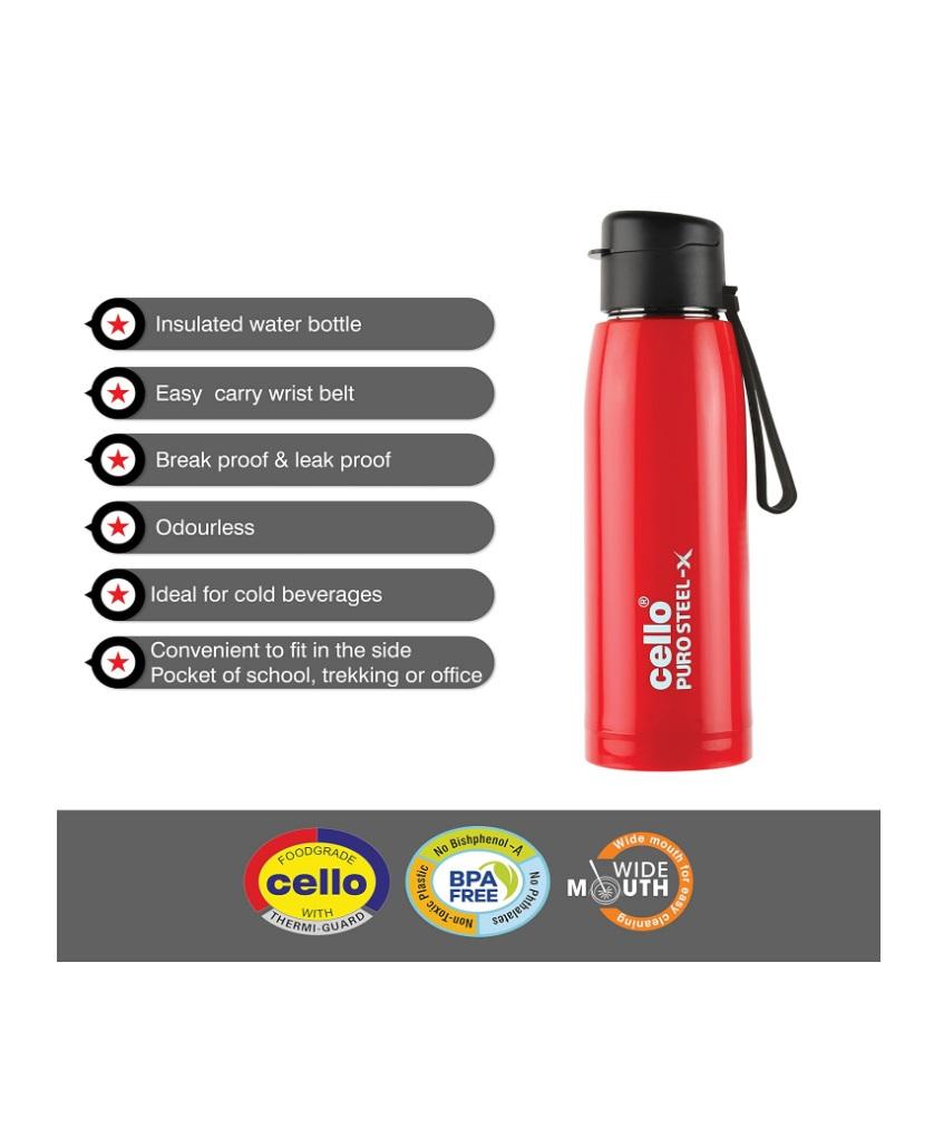 Cello Puro Steel X Cooper Water Bottle, Red - 600 ml