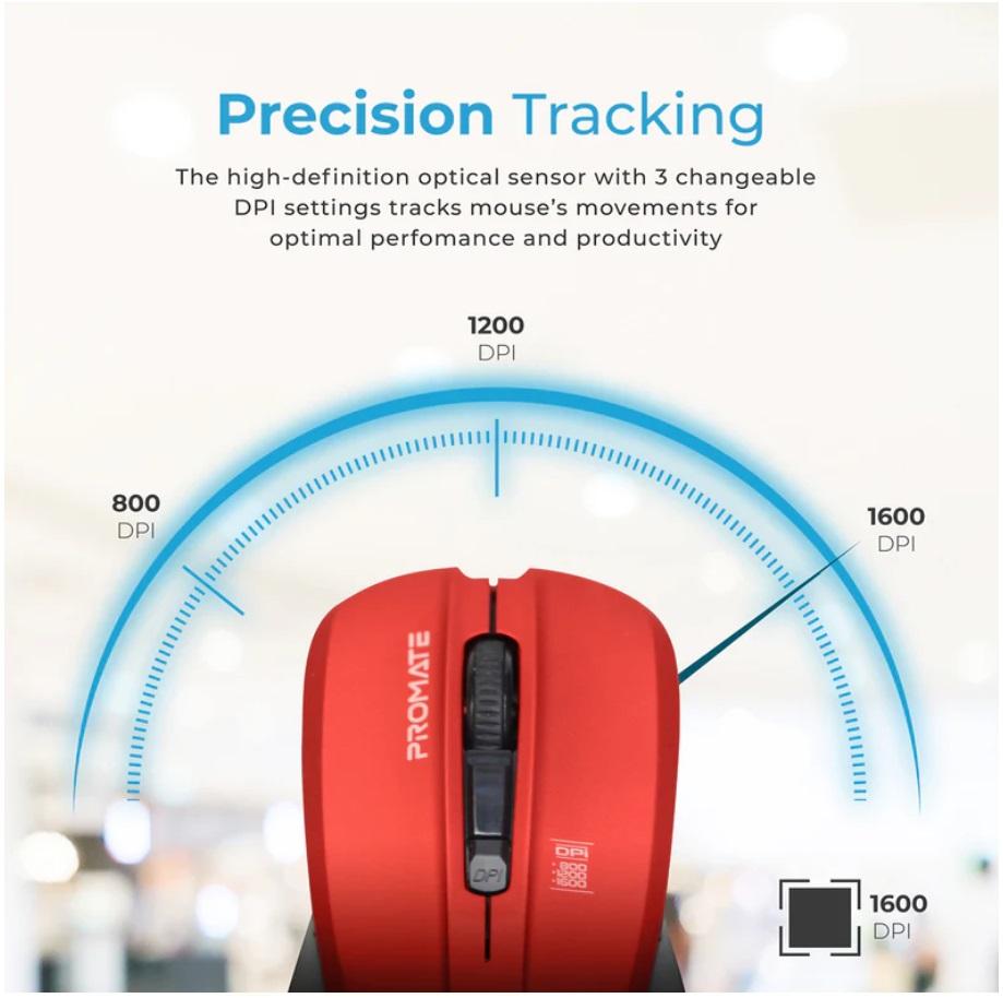 Promate Contour, Comfort Performance Wireless Ergonomic Mouse, Red
