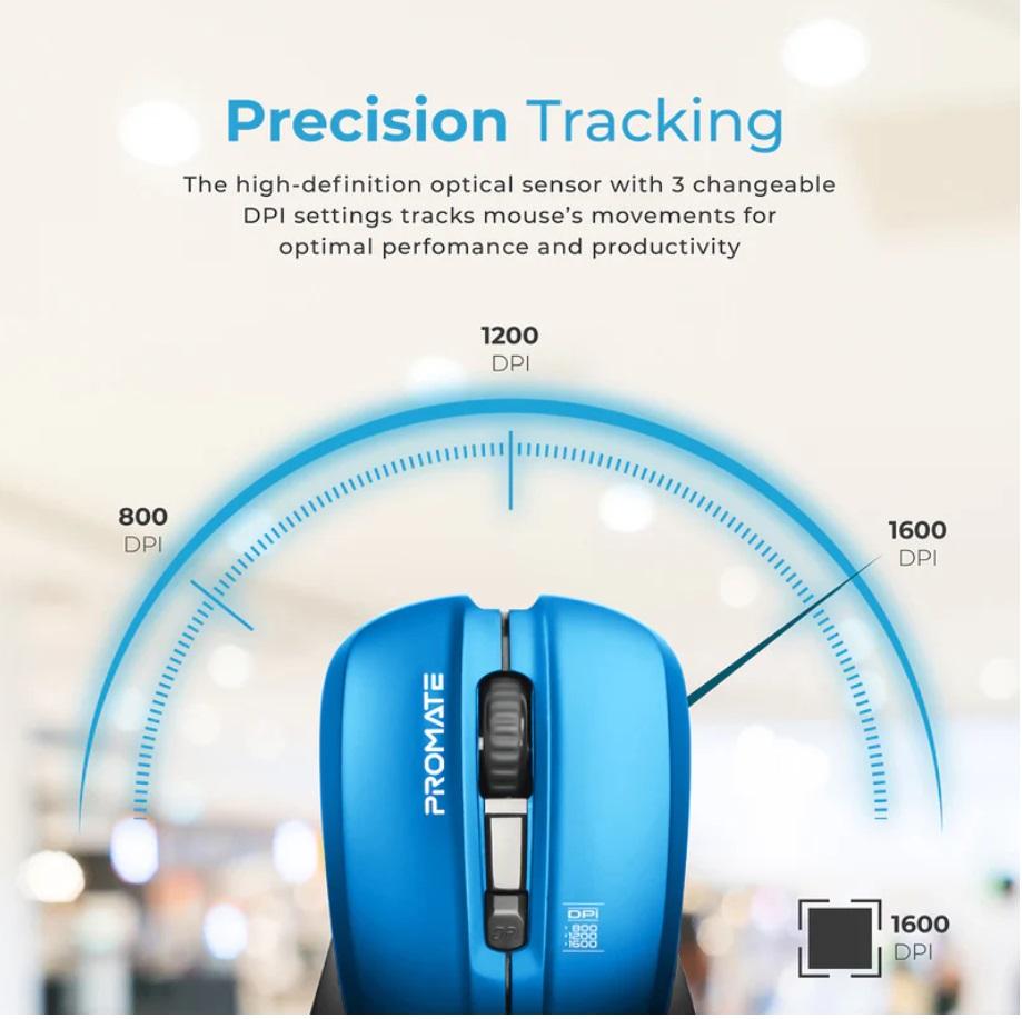 Promate Contour, Comfort Performance Wireless Ergonomic Mouse, Blue