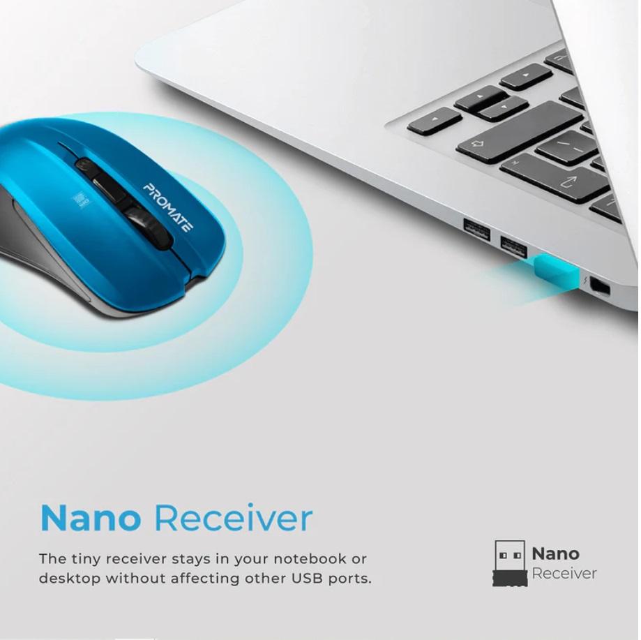 Promate Contour, Comfort Performance Wireless Ergonomic Mouse, Blue