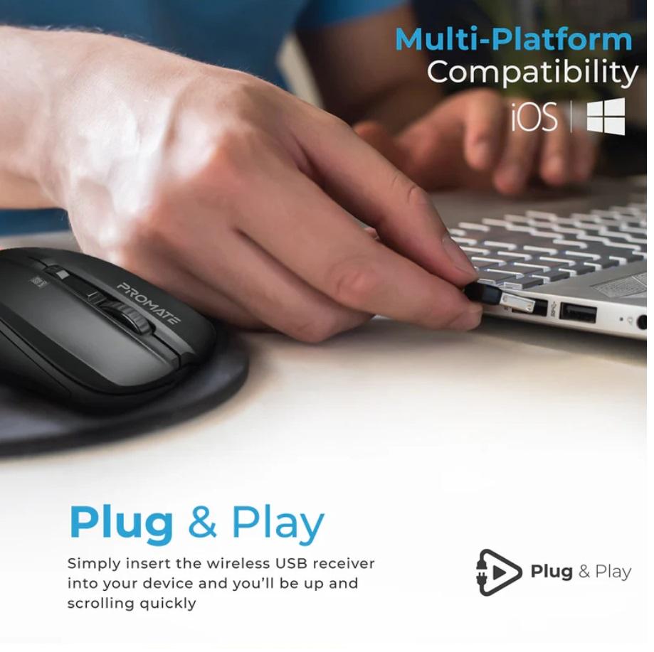 Promate Contour, Comfort Performance Wireless Ergonomic Mouse, Black