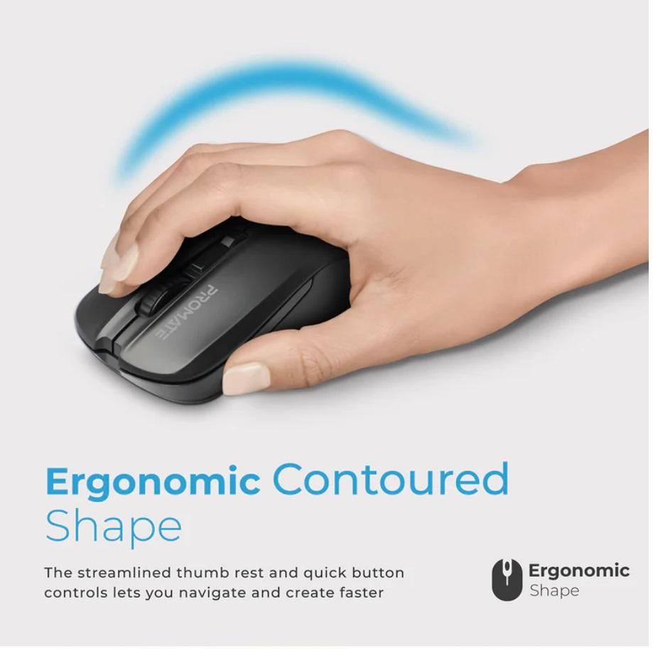 Promate Contour, Comfort Performance Wireless Ergonomic Mouse, Black