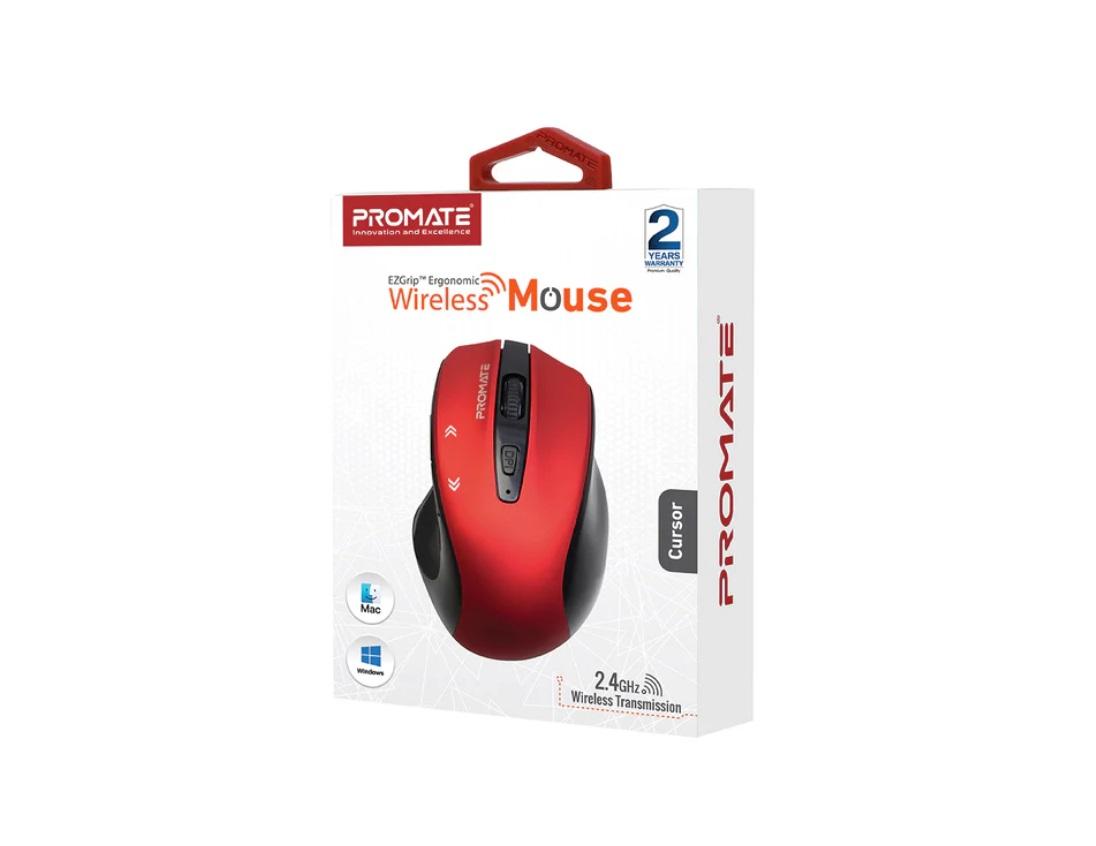 Promate Cursor, EZGrip Ergonomic Wireless Mouse, Red