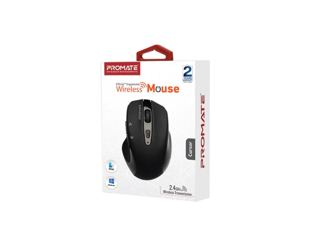 Promate Cursor, EZGrip Ergonomic Wireless Mouse, Black