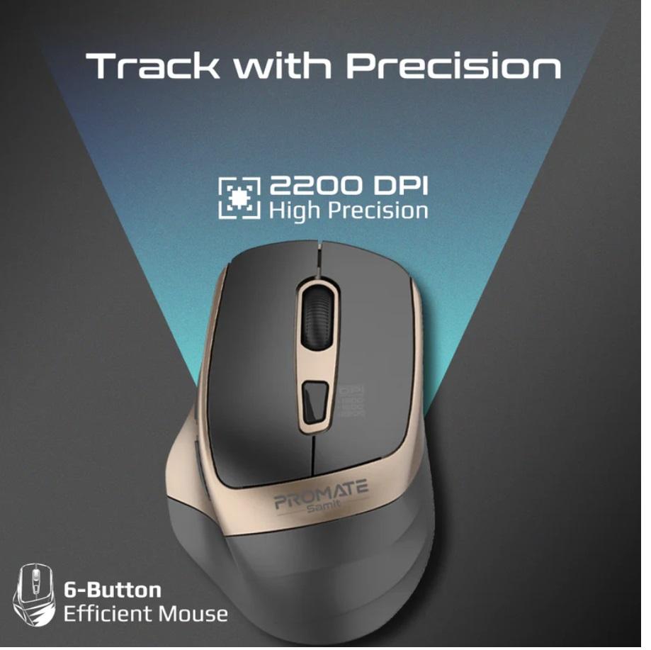 Promate Samit, 2.4GHz Ergonomic 2200 DPI Silent Click Wireless Mouse, Gold