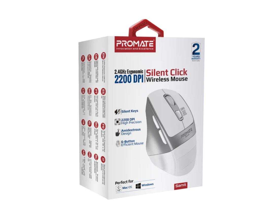 Promate Samit, 2.4GHz Ergonomic 2200 DPI Silent Click Wireless Mouse, White
