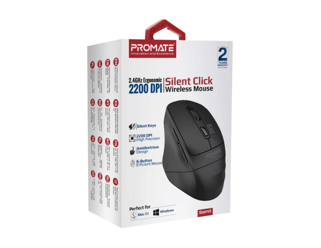 Promate Samit, 2.4GHz Ergonomic 2200 DPI Silent Click Wireless Mouse, Black