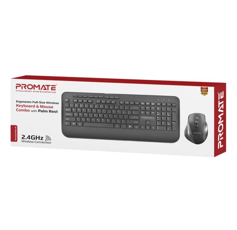 Promate ProCombo-8, Ergonomic Full-Size Wireless Keyboard & Mouse Combo with Palm Rest