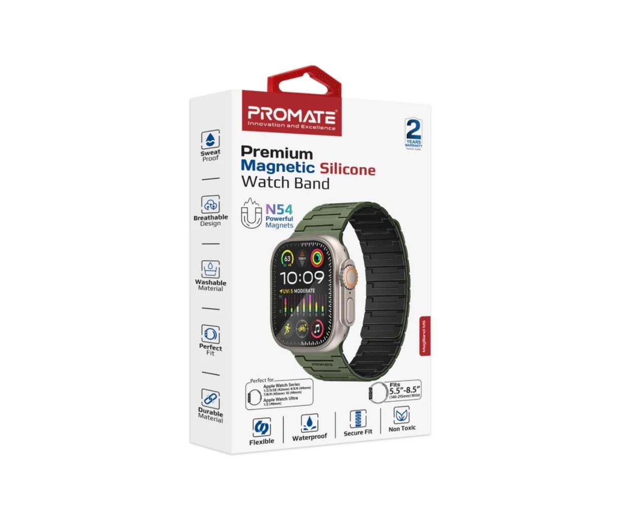 Promate MagBand-MS, Premium Magnetic Silicone Watch Band, Midnight Green