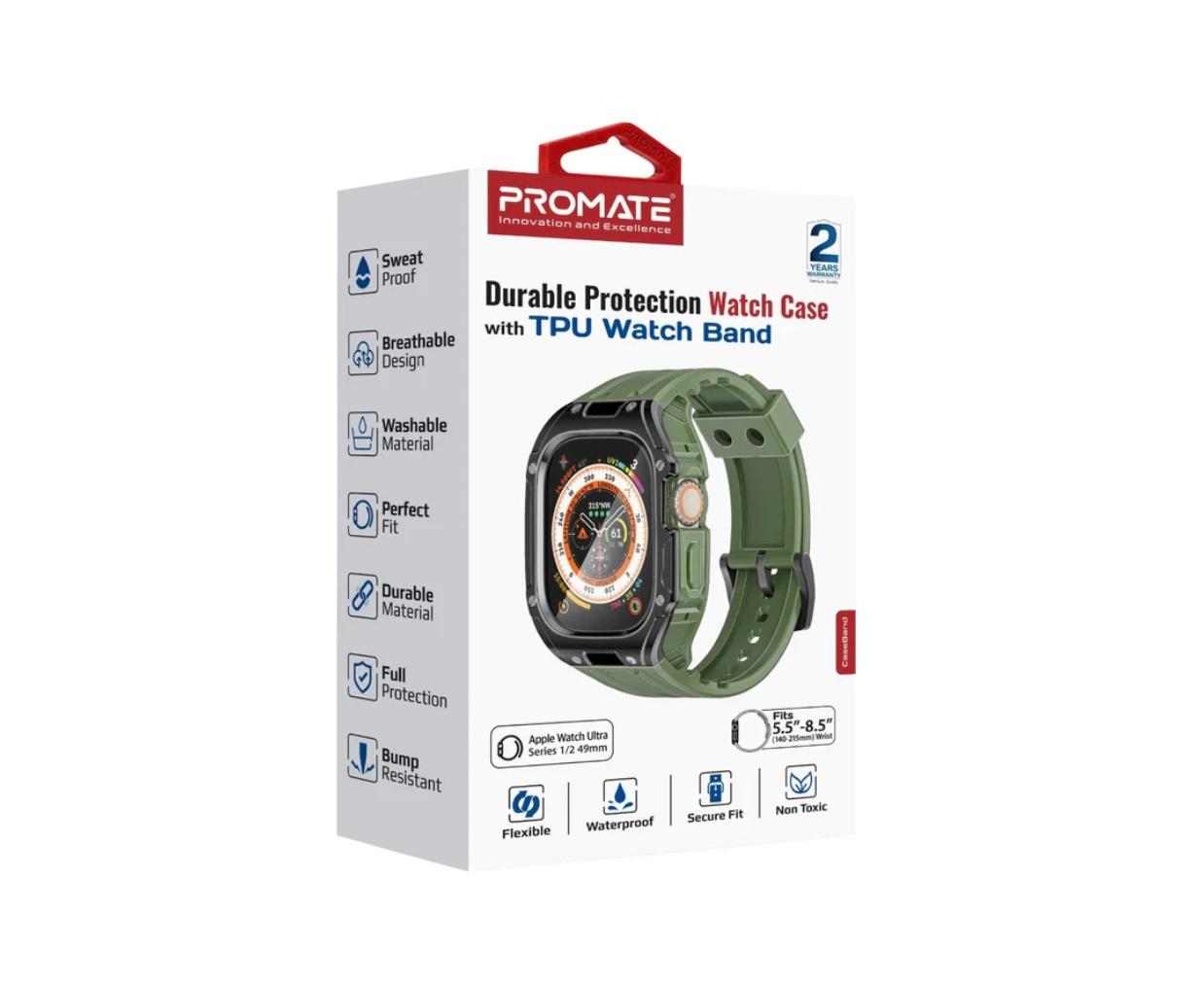 Promate CaseBand, Durable Protection Watch Case with TPU Watch Band, Midnight Green