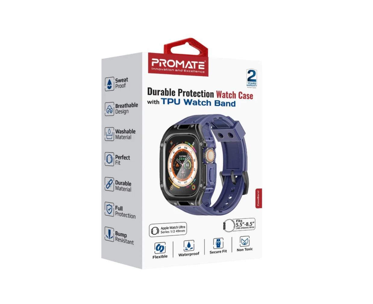 Promate CaseBand, Durable Protection Watch Case with TPU Watch Band, Blue