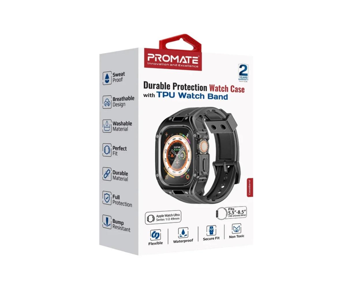 Promate CaseBand, Durable Protection Watch Case with TPU Watch Band, Black