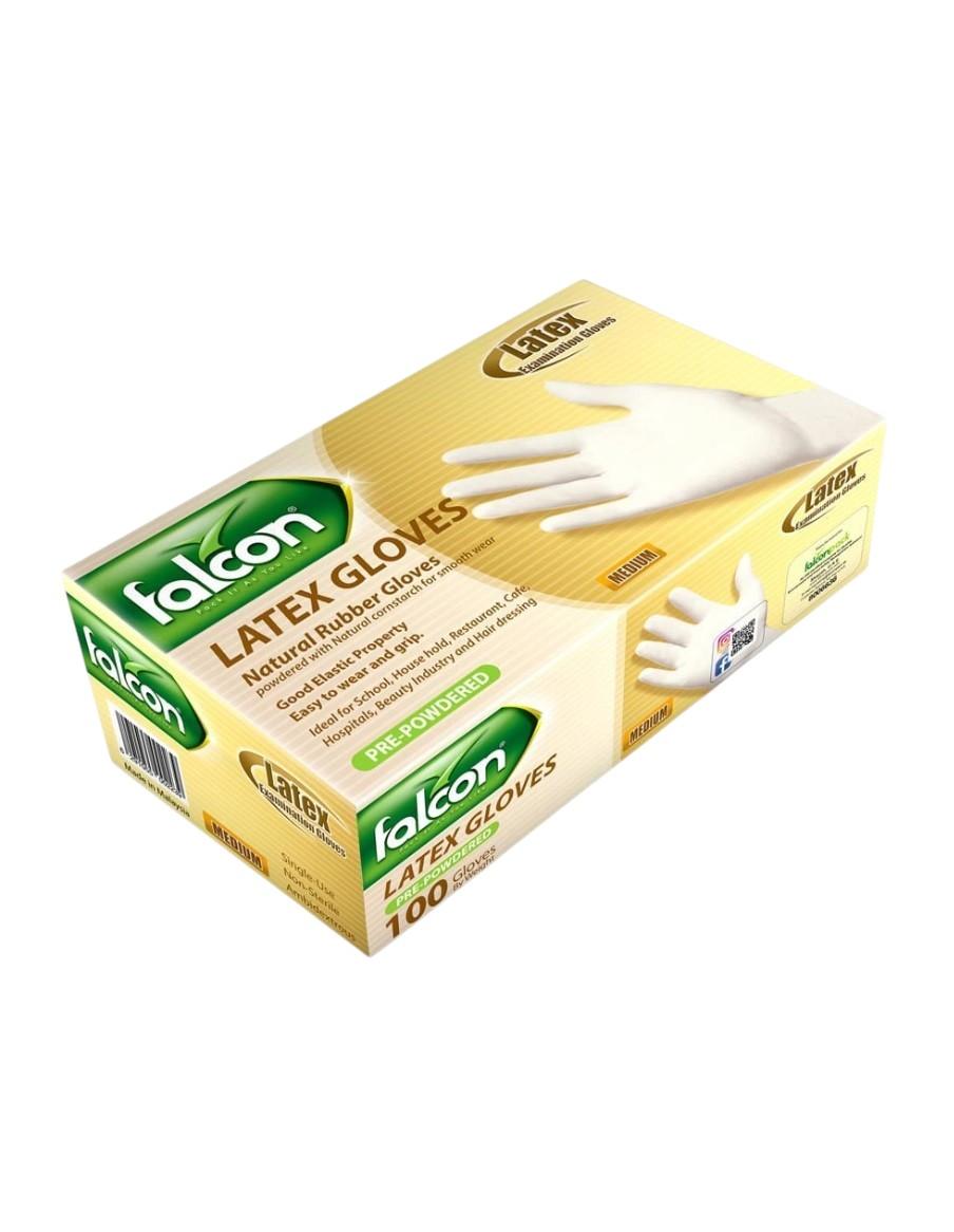 Falcon Latex Gloves Pre-Powdered, Medium - 100 pcs