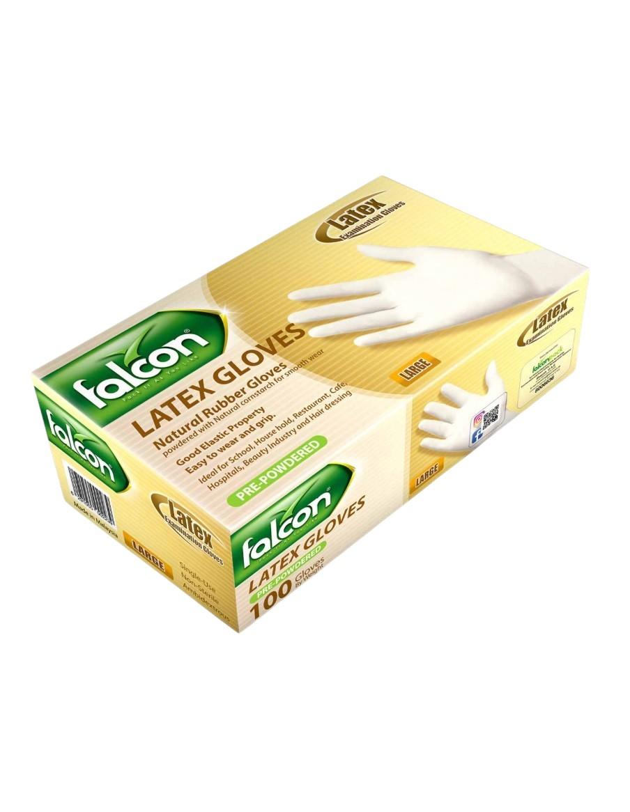 Falcon Latex Gloves Pre-Powdered, Large - 100 pcs