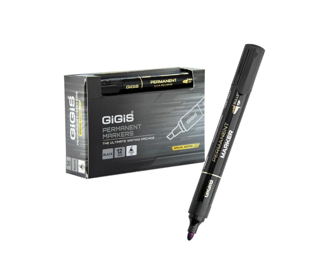 GIGIS Permanent Marker, Bullet Tip, Black - Pack of 12