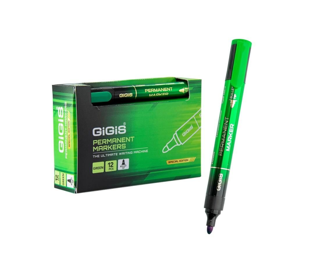 GIGIS Permanent Marker, Bullet Tip, Green - Pack of 12