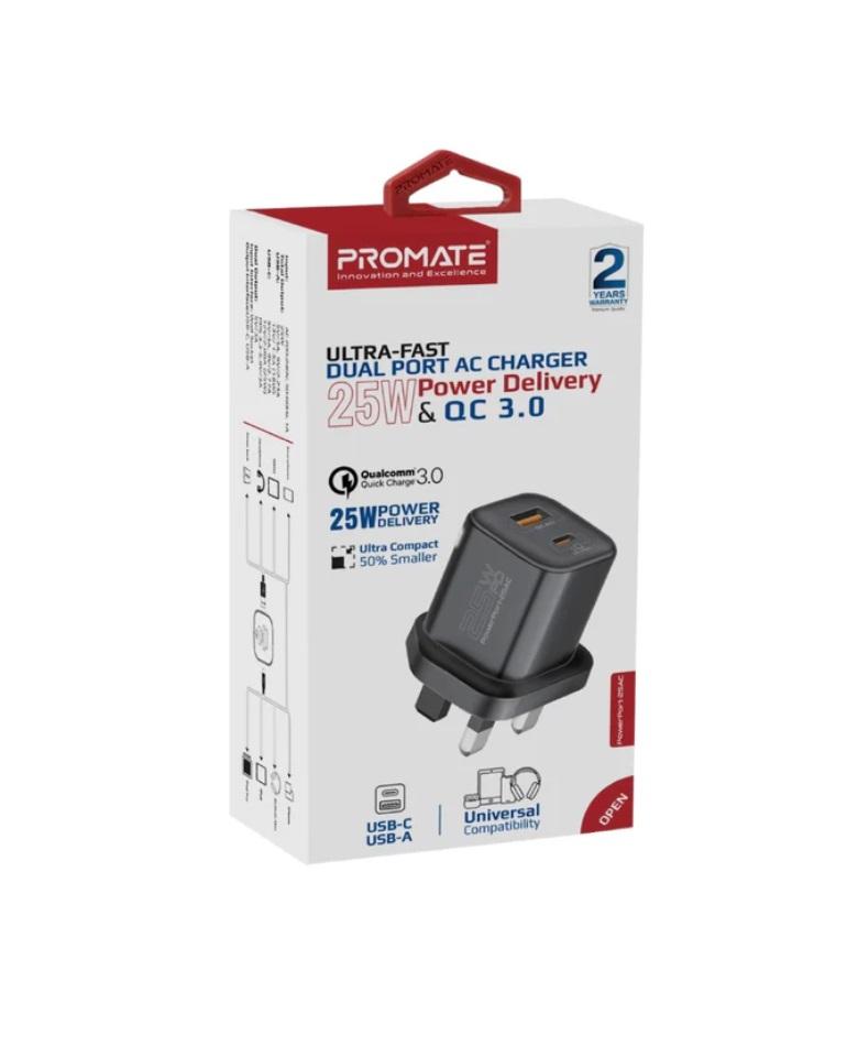 Promate PowerPort-25AC, Ultra-Fast Dual Port AC Charger with 25W Power Delivery and QC 3.0, Black UK