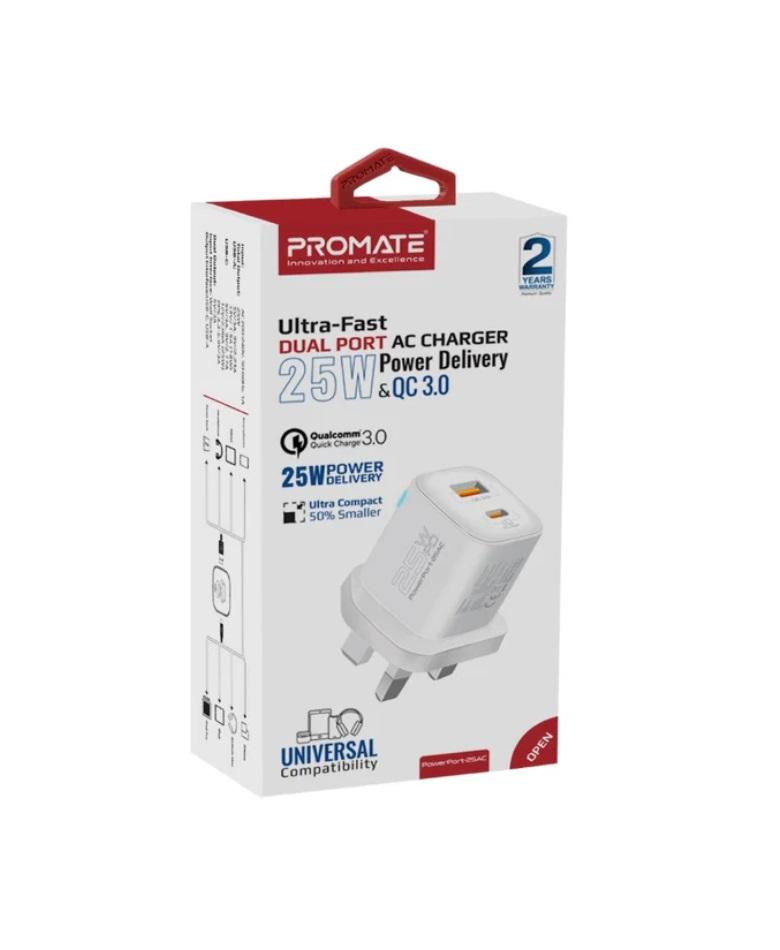 Promate PowerPort-25AC, Ultra-Fast Dual Port AC Charger with 25W Power Delivery and QC 3.0, White UK