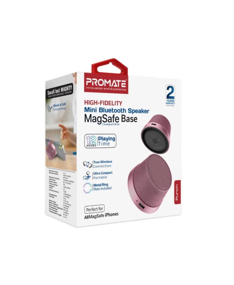 Promate Punch High-Fidelity Mini Bluetooth Speaker with MagSafe Compatible Base, Pink