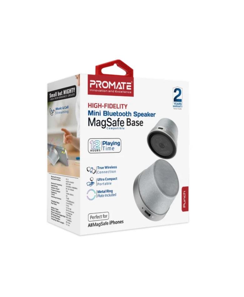 Promate Punch High-Fidelity Mini Bluetooth Speaker with MagSafe Compatible Base, Silver
