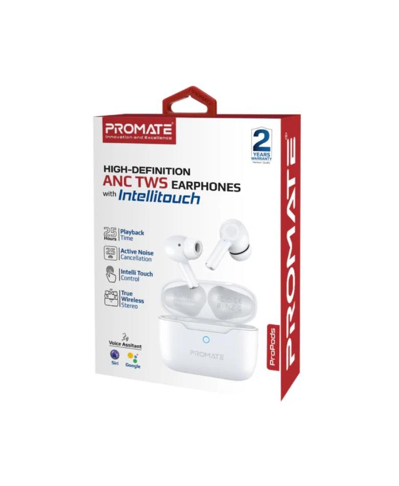 Promate ProPods High-Definition ANC TWS Earphones with intellitouch, White