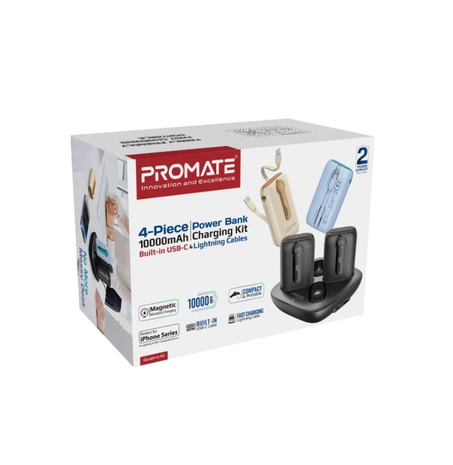 Promate Quatro-10, 4-Piece 10000mAh Power Bank Charging Set with In-Built USB-C and Lightning Cables