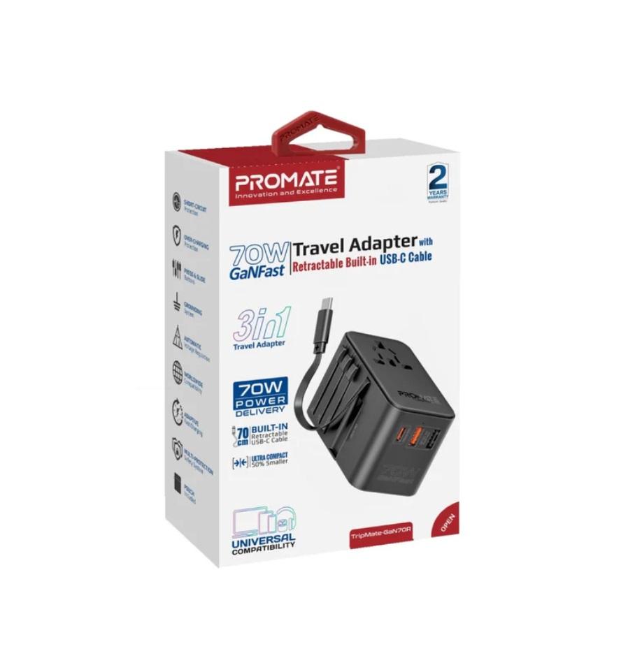 Promate TripMate-GaN70R, Travel Adapter with Retractable Built-in USB-C Cable