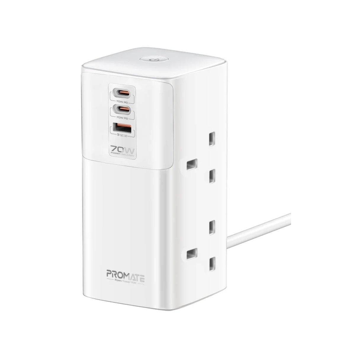 Promate PowerTower-70W Multi-Port Charging Station with Quad AC Sockets