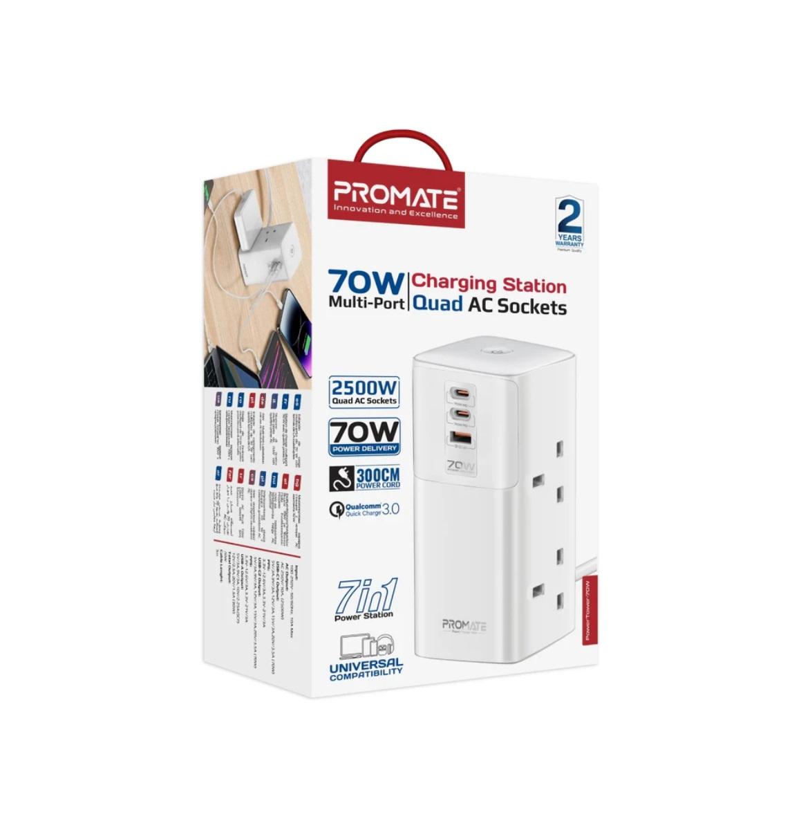 Promate PowerTower-70W Multi-Port Charging Station with Quad AC Sockets