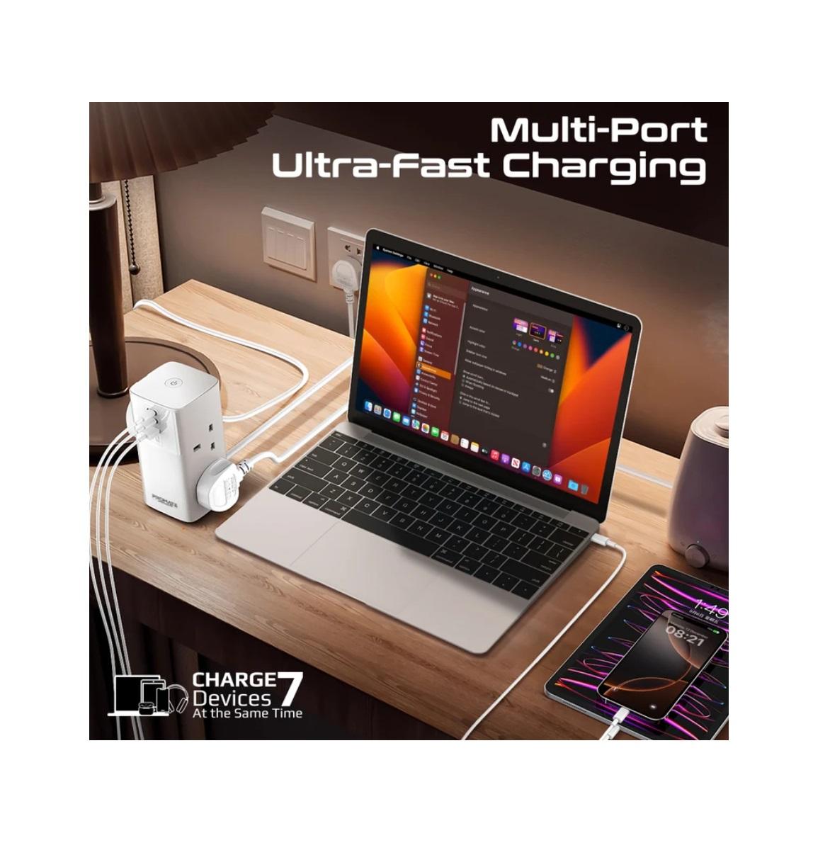 Promate PowerTower-70W Multi-Port Charging Station with Quad AC Sockets