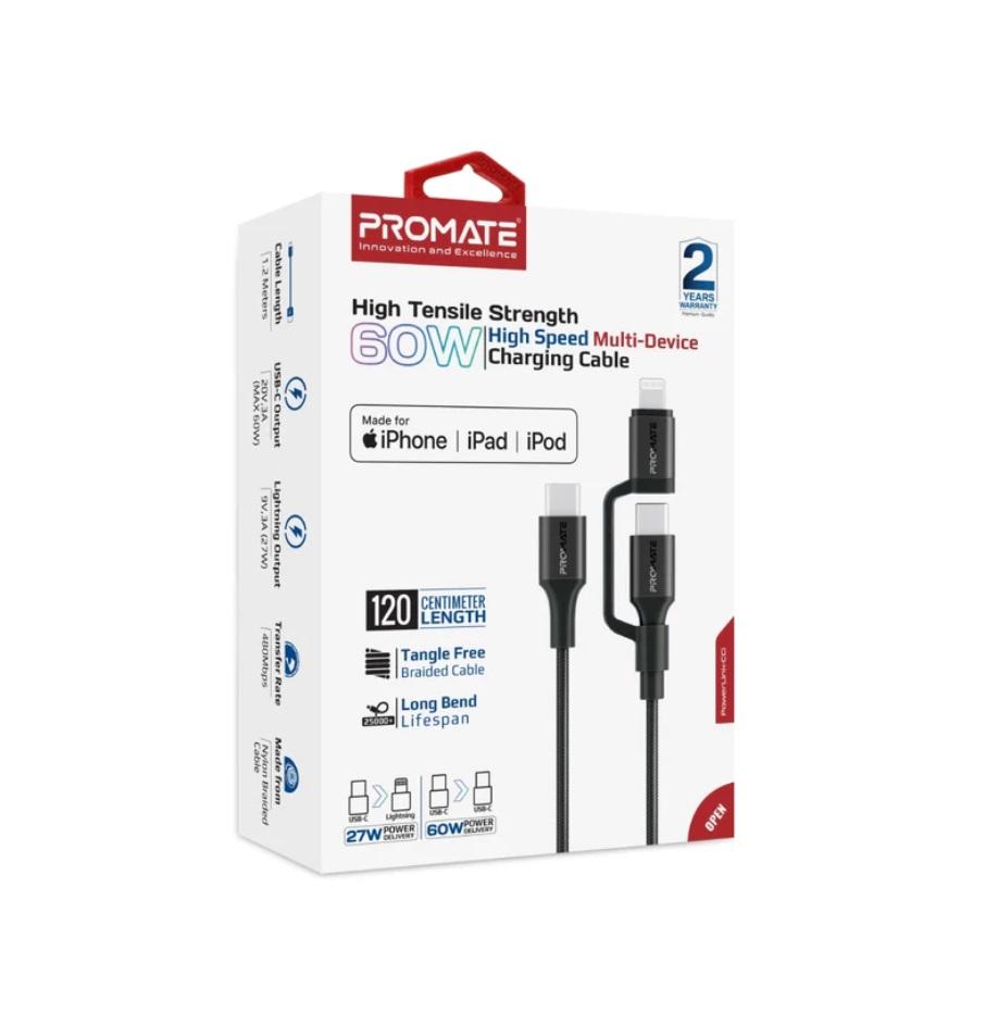 Promate PowerLink-CCi, High Tensile Strength 60W High-Speed Multi-Device Charging Cable, Black
