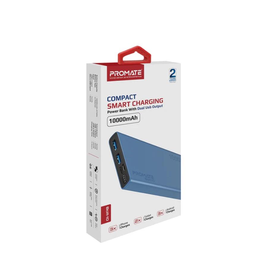 Promate Bolt-10, Compact Smart Charging Power Bank with Dual USB Output, Blue