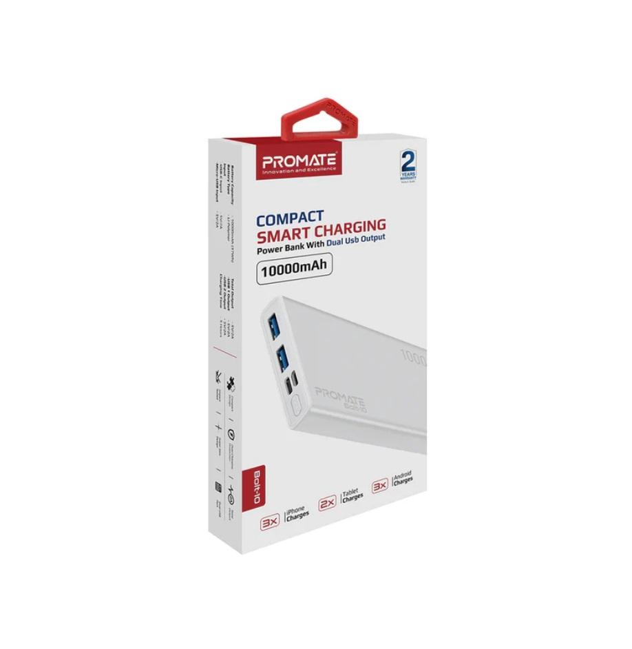 Promate Bolt-10, Compact Smart Charging Power Bank with Dual USB Output, White