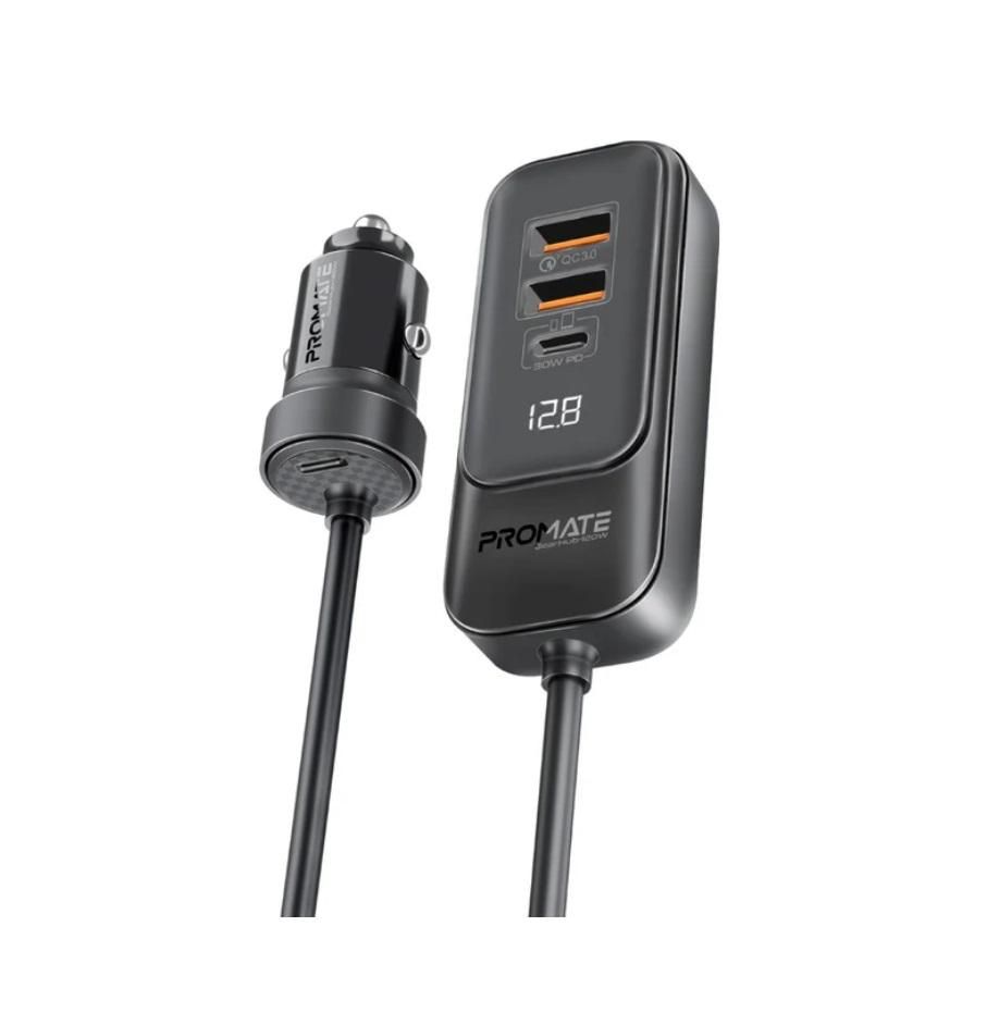 Promate GearHub-120W RapidCharge™ Car Charger with Multi-Port Backseat Charging Hub