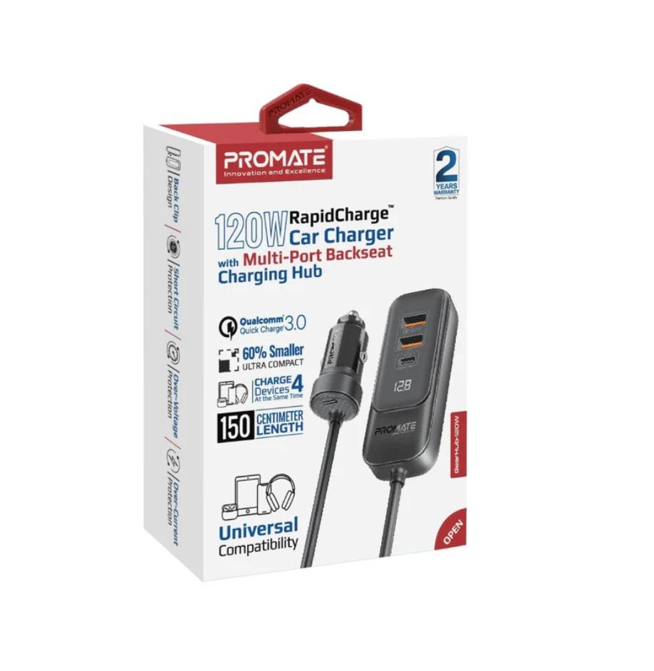 Promate GearHub-120W RapidCharge™ Car Charger with Multi-Port Backseat Charging Hub