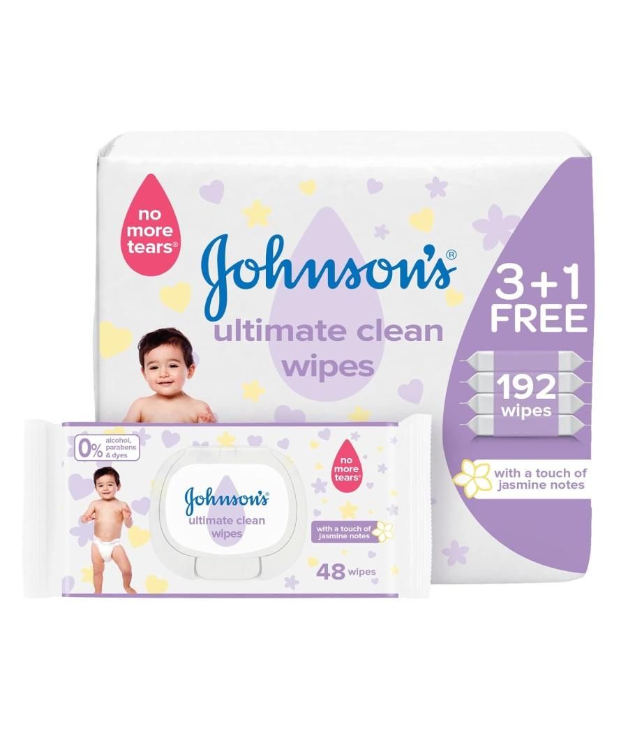 Johnson's Baby Ultimate Clean Wipes, 3 + 1 Packs of 48 Wipes, 192 Total Count